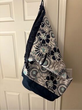 Thirty-One Cinch Sack Backpack Navy Floral Gray Zip Pocket Laundry Bag